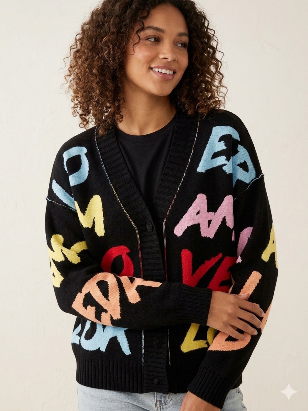 Peace Love World Black Knit Cardigan with Multicolor Graphic Lettering size Med